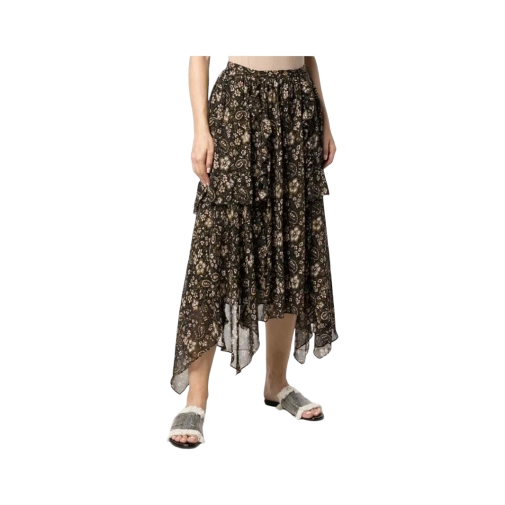 Ulla Johnson Torrie Silk Black Paisley Floral Ruffle Midi-Skirt Sz 8 Whimsigoth